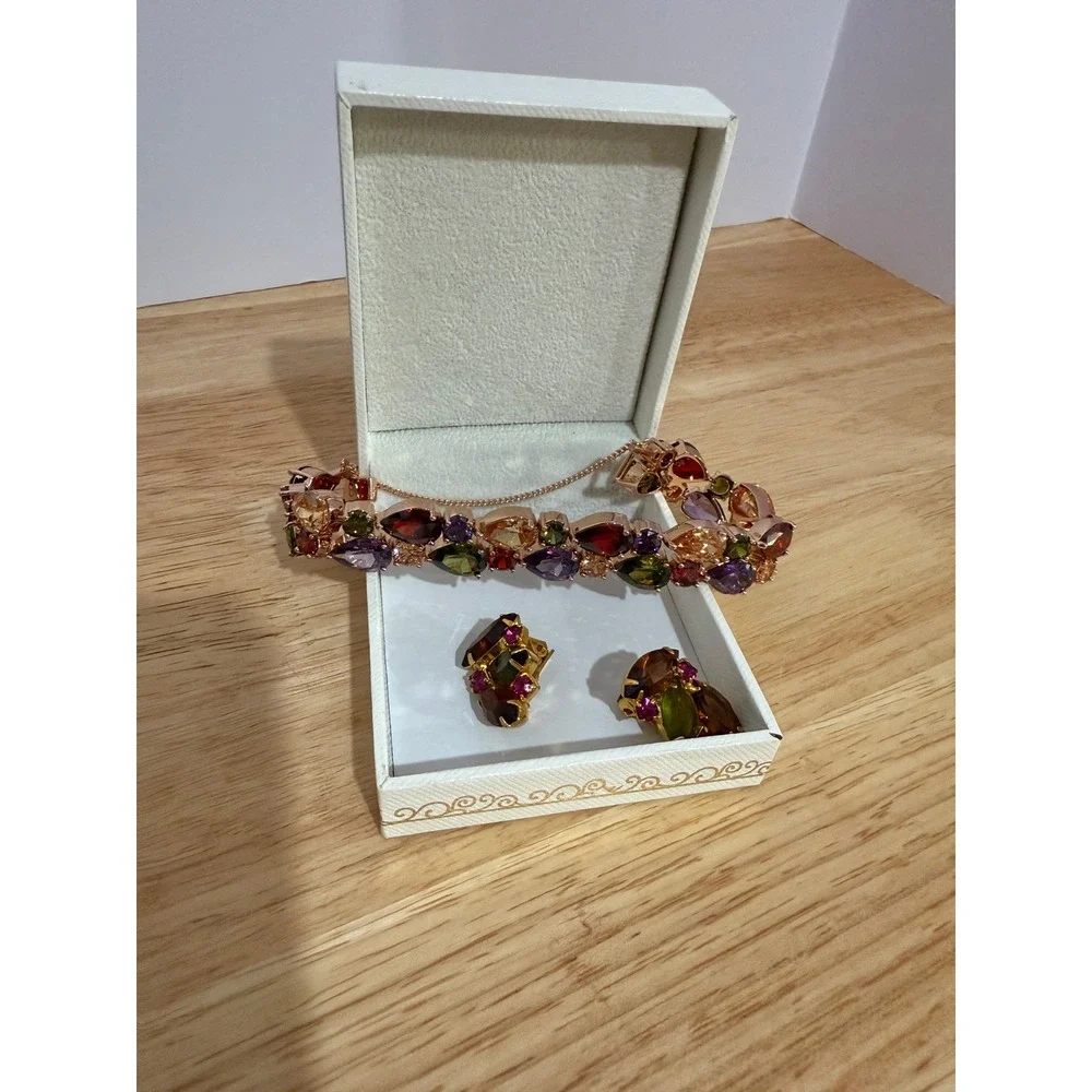 Nina Box Multicolor Gemstone Bracelet‎ & Clip-On Earrings Set